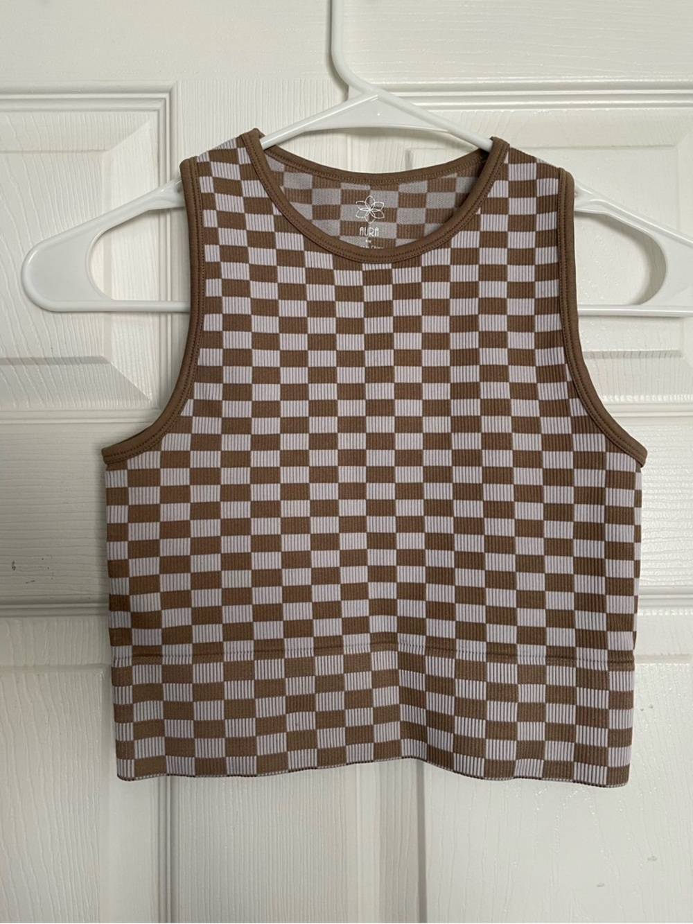 AURA Womens Checkered Brown and White Ribbed Knit Top Size S/M